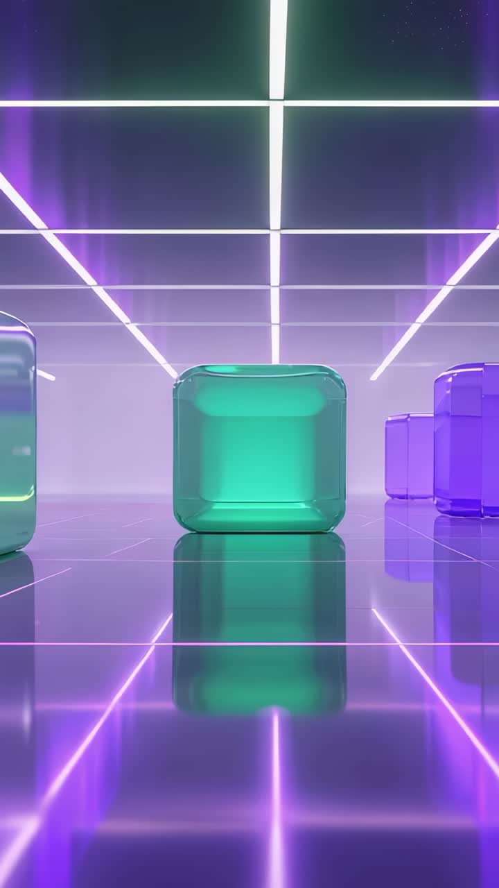 Vertical video: Glowing green cube resting on grid floor in chamber, with purple cubes, neon strips