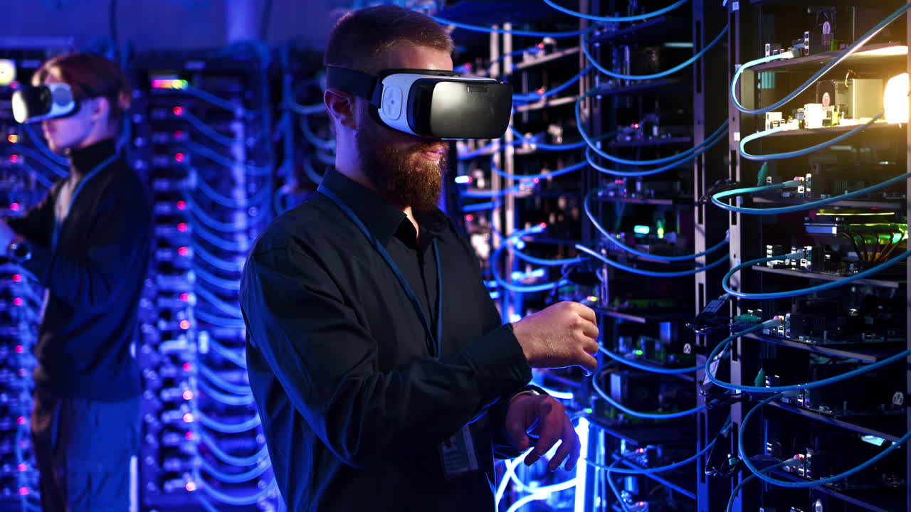 Men using Virtual Reality headset in a server room in slow motion