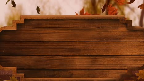 Animation-of-autumn-leaves-floating-over-wooden-background-with-copy-space