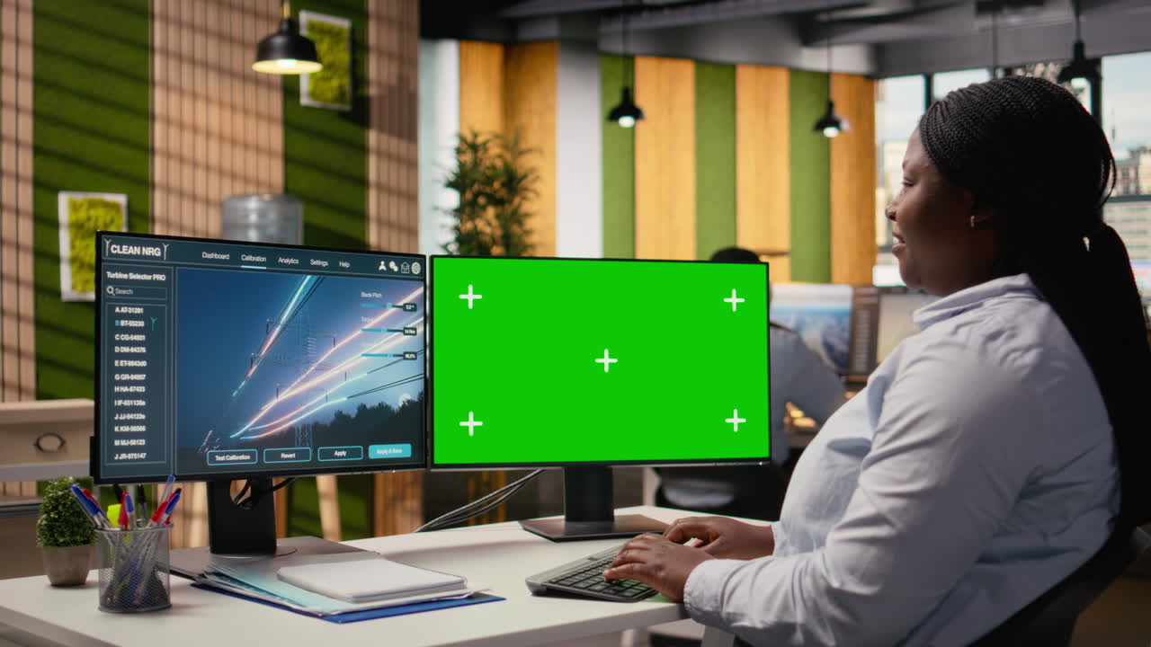 Ingegnere in ufficio che utilizza dati sull'infrastruttura della rete elettrica su un PC con schermo verde.