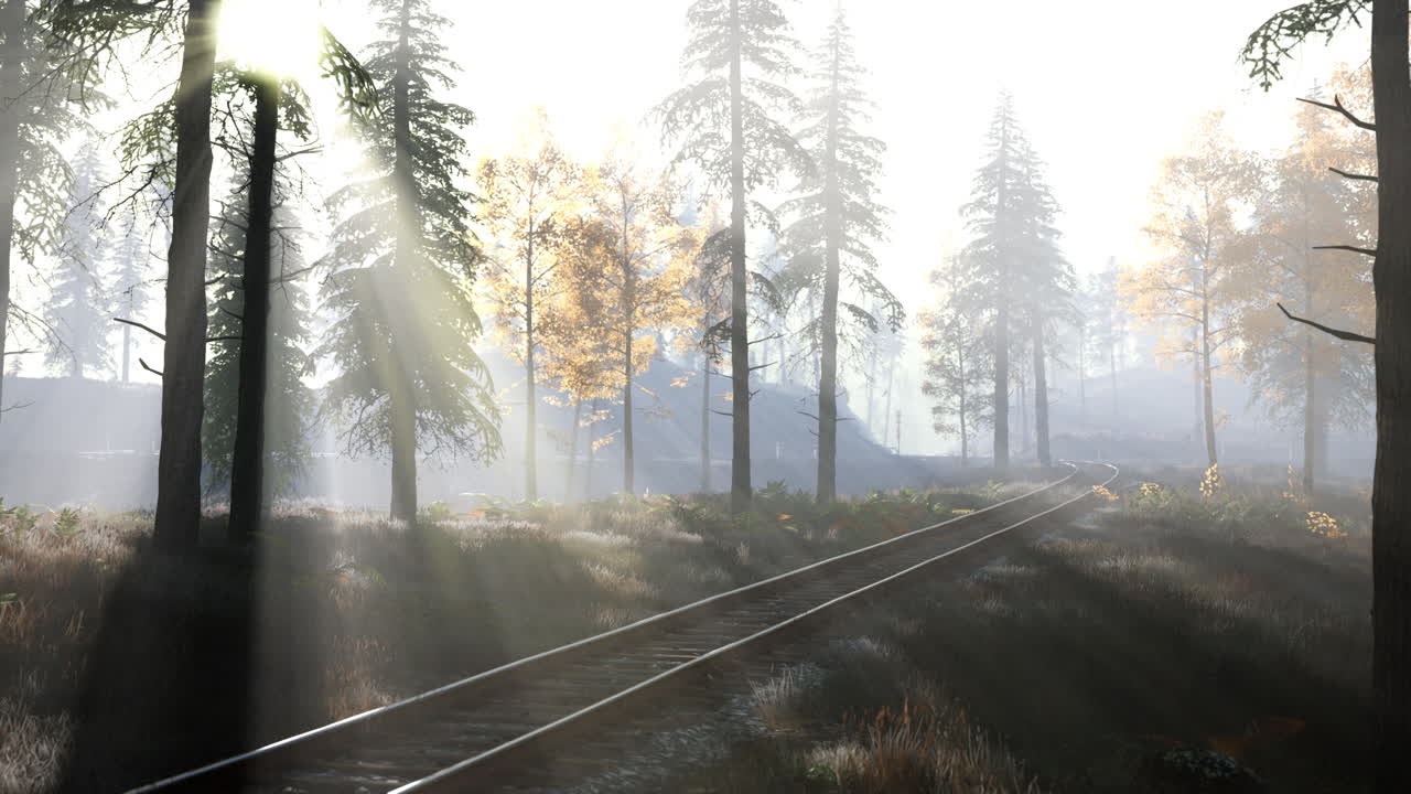 빈 철도가 아침에 안개 숲을 통과합니다.