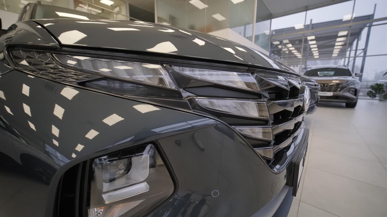 판매 중인 익명의 새로운 차량의 줄을 가진 자동차 대리점. 반이는 자동차와 함께 쇼.