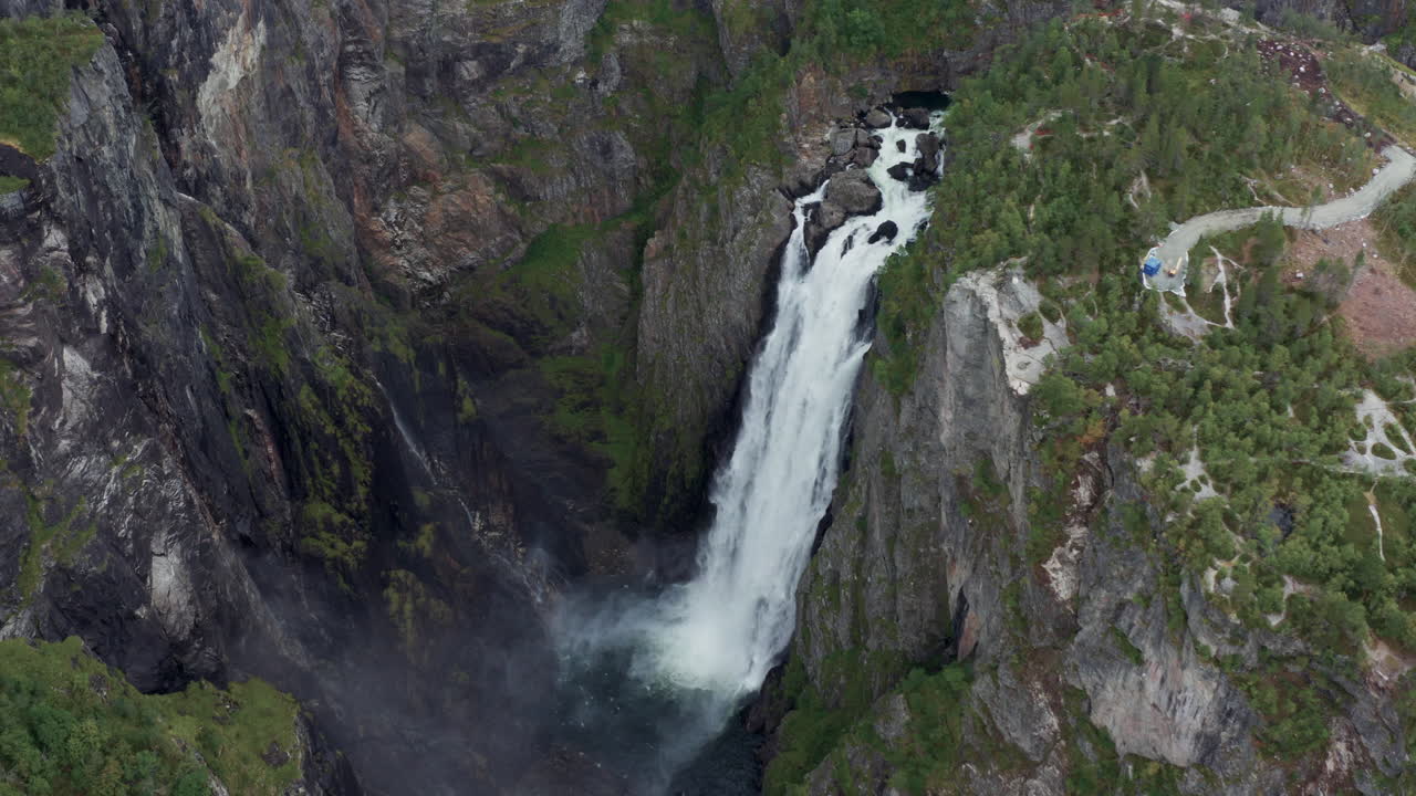 Aerial View of a Majestic Waterfall in Norway