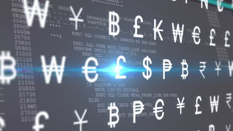 animation of multiple currency symbols moving and lens flare over computer language on screen