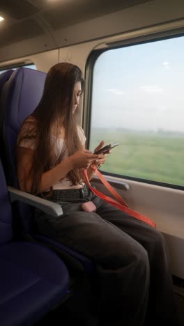 mujer usando el teléfono en un tren