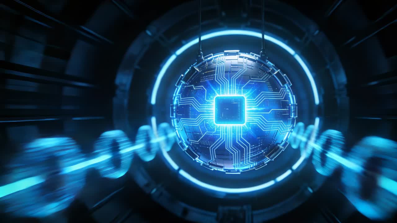 Sfera sospesa che si accende, con il nucleo quadrato che si illumina mentre le forme d'onda spiraleggiano, segnalando l'avvio.