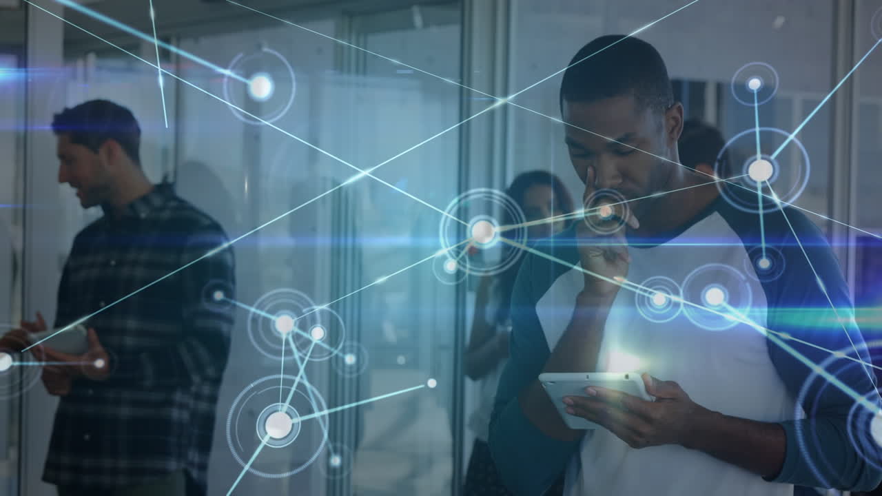 Animation of network of connections over diverse business people in office