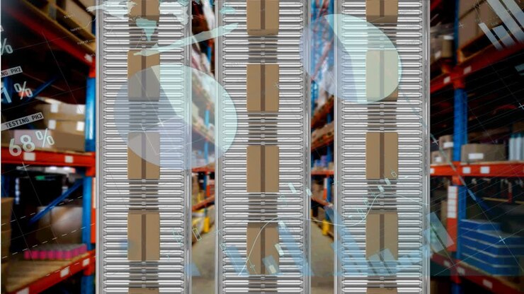 Animation of statistics processing over cardboard boxes on conveyor belts in background