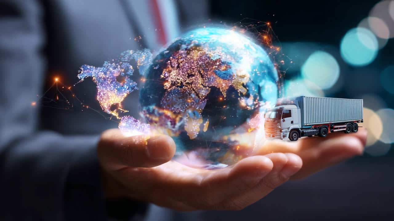 Innovative Logistics Concept: A Hand Holding a Global Network with a Truck, Representing Modern Supply Chain Management and Global Trade Solutions in a Digital Era