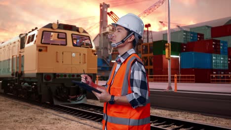 side view of asian male engineer with safety helmet taking note on the tablet and looking around while standing with freight cargo train at port
