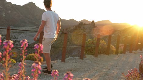 Young-boy-explores-Teide-National-Park,-static-view