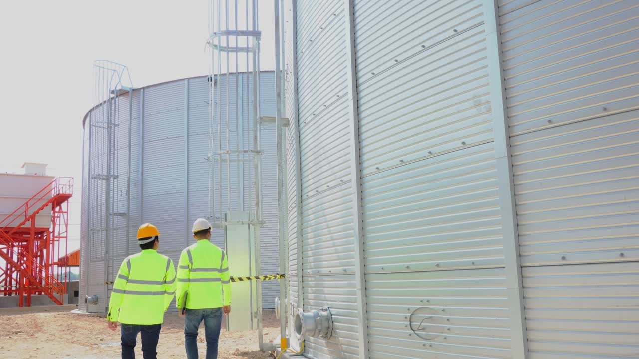 trabajo en equipo ingeniero civil examinar la construcción de tanques de agua chapa de acero para el almacenamiento de agua del grifo de la propiedad industrial. servicios públicos de la industria.