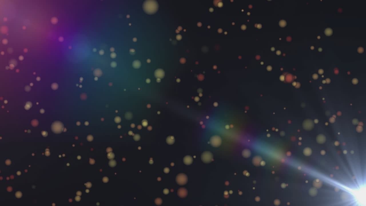 Golden particles drifting in void gathering, rainbow beam forming starburst flaring, shifting glow