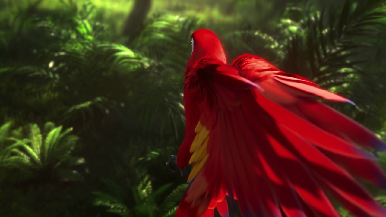 Vista tre quarti posteriore di un uccello tropicale in volo attraverso una foresta pluviale illuminata dal sole, con le ali che si estendono in un ampio arco, le piume della coda sfocate, il piumaggio rosso lucido e le copritrici interne gialle.