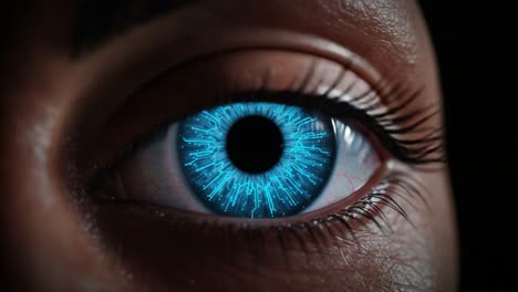 a transcendent close-up of a futuristic eye with radiant blue energy patterns, symbolizing vision and innovation in a digital era