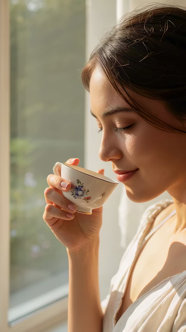 Video verticale: primo piano di una donna che abbassa una tazza decorata davanti alla finestra, con gli alberi sullo sfondo e spazio per il testo