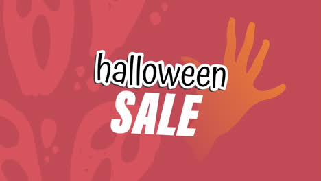 animación del texto de la venta de halloween en blanco, sobre la mano de zombies y fantasmas, sobre fondo rojo