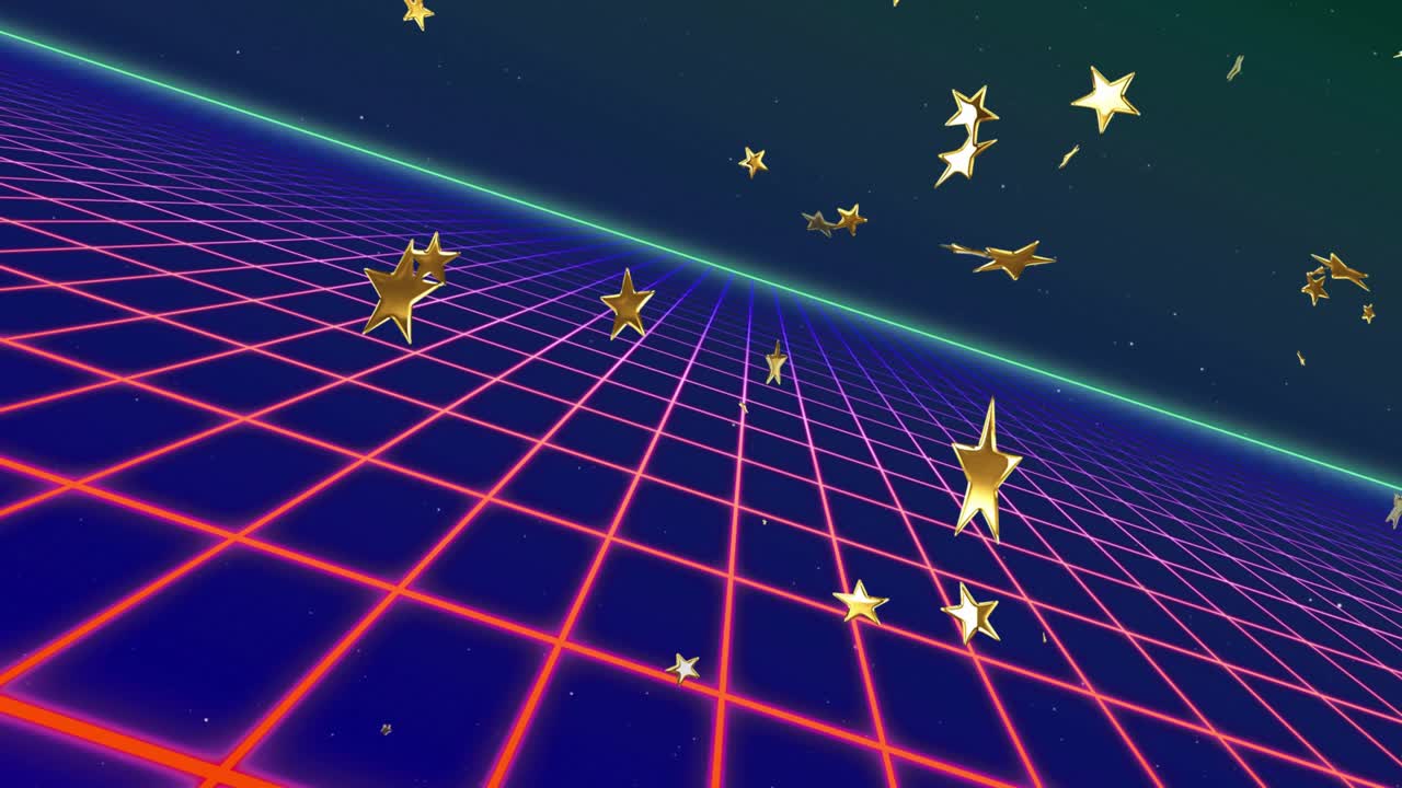 At 1st second golden stars appearing above neon grid drifting, camera tilting creating cosmic vibe