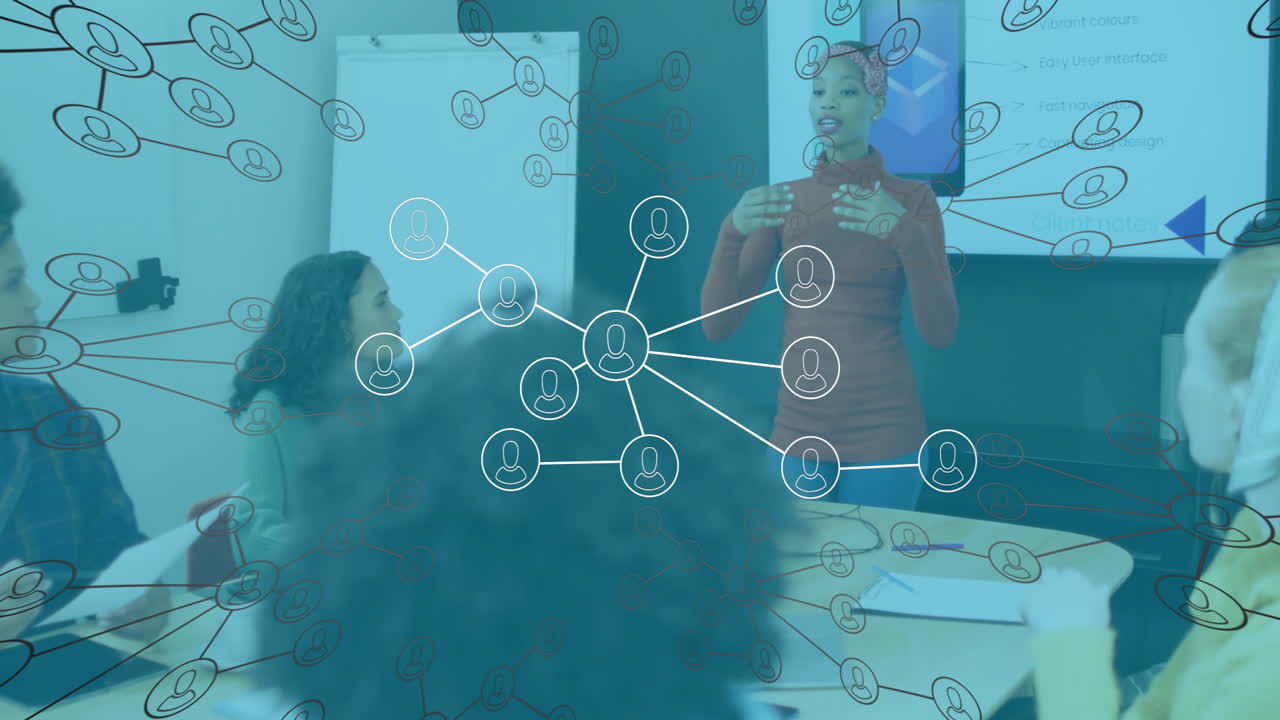 Network of connections and data processing animation over diverse business meeting