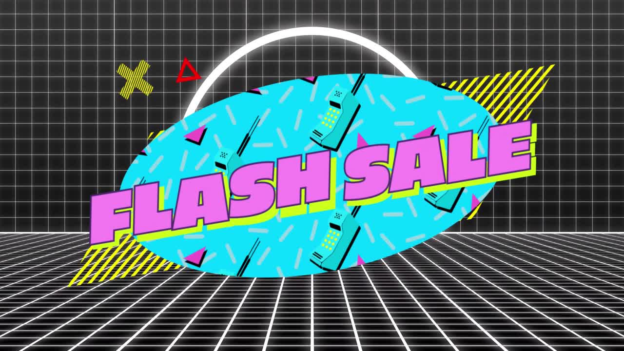 플래시 판매 텍스트의 애니메이션은 다채로운 모양이 변합니다.