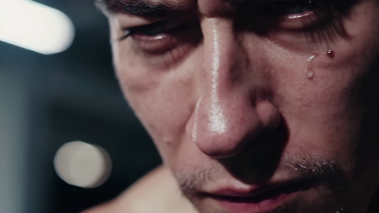 Close-up of a sweaty man during intense training or workout