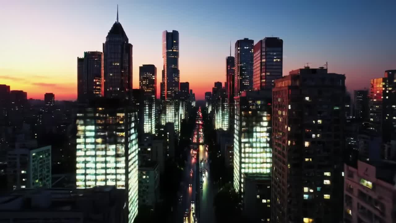 Aerial View of a Vibrant Urban Skyline at Dusk, Showcasing Illuminated Skyscrapers and Busy Streets While the Sun Sets Over the Horizon