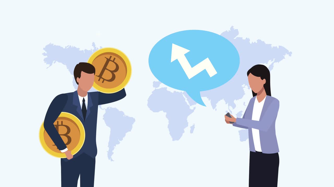 pareja de negocios con bitcoins y burbuja de habla