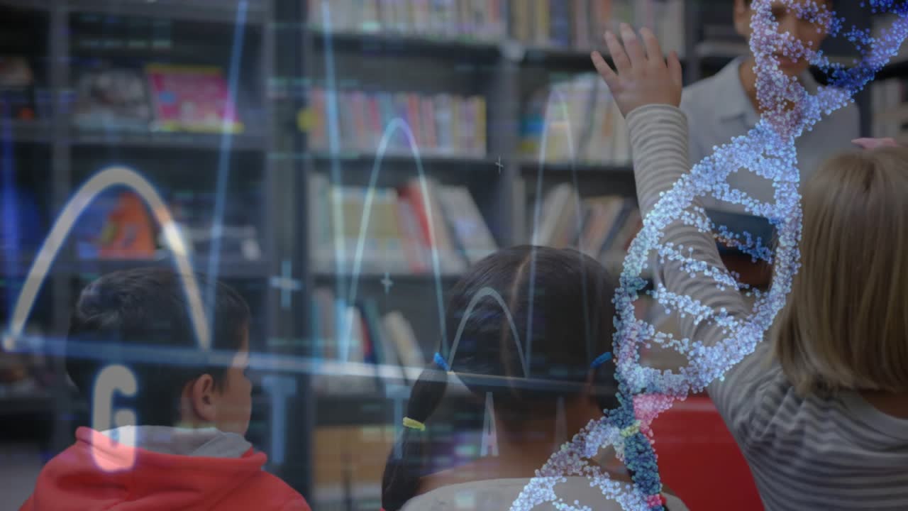 Female teacher asking question in library biology lesson, rotating DNA helix waveform guiding hands
