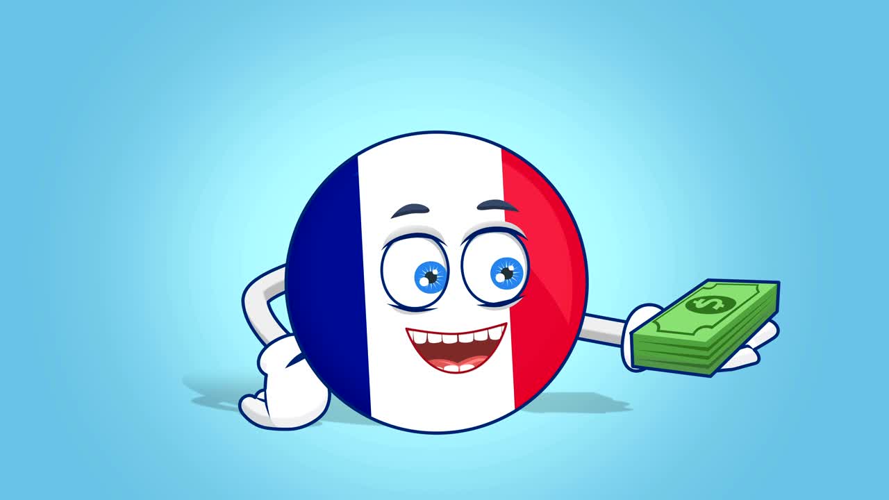 Icona Cartone Animato Bandiera Francia Dollaro in Mano con Animazione Facciale e Maschera Alfa