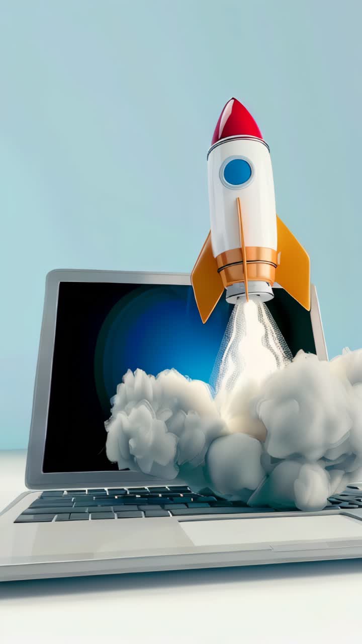 A rocket is flying through the air with a laptop on the ground