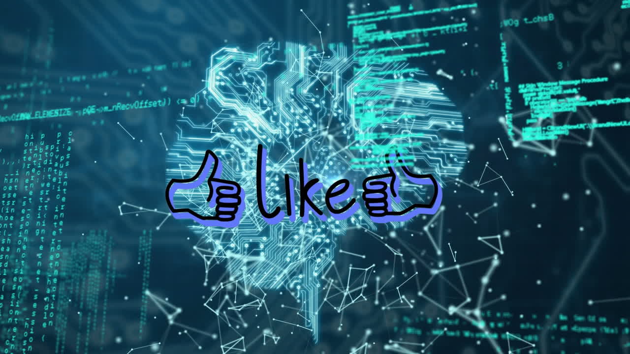 Animation of data processing and like text over brain