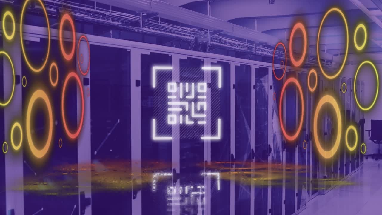 컴퓨터 서버 위에서 네온 원과 함께  ⁇ 박이는 qr 코드의 애니메이션