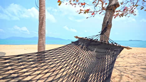 hamaca de cuerda vacía colgando entre los árboles en la playa de la isla tropical de arena en un día soleado y nublado en filipinas