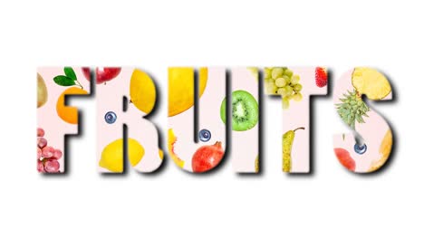 various fruits appearing and disappearing in the form of the word fruit, isolated on white. creative funny colorful 4k loop animation. template for a banner.