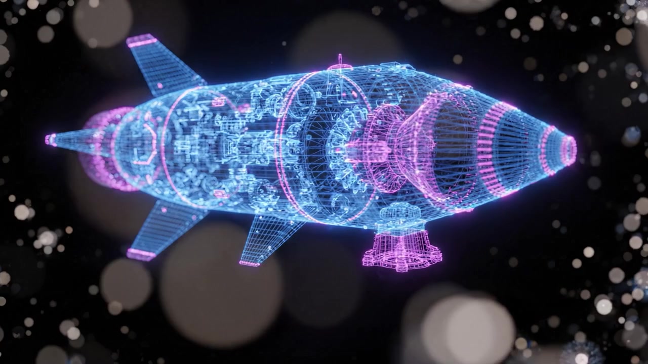 Futuristic 3D Model of a High-Tech Missile Representation with Detailed Interior in Stunning Visuals and Colorful Neon Effects Against a Sparkling Background