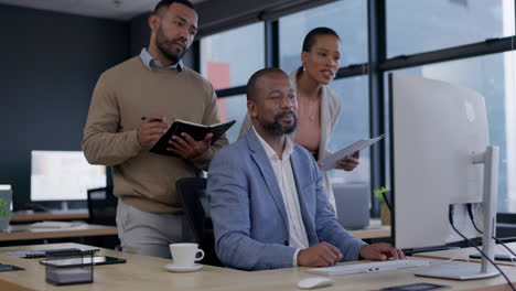 business man, computer and group with mentor