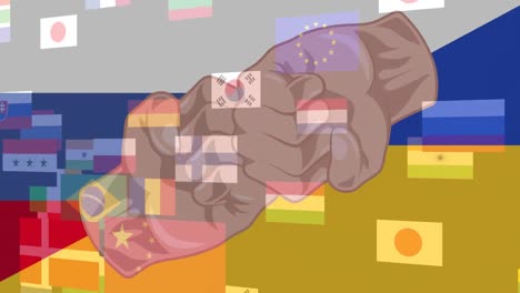 animation of national flags and fists over flag of russia and ukraine