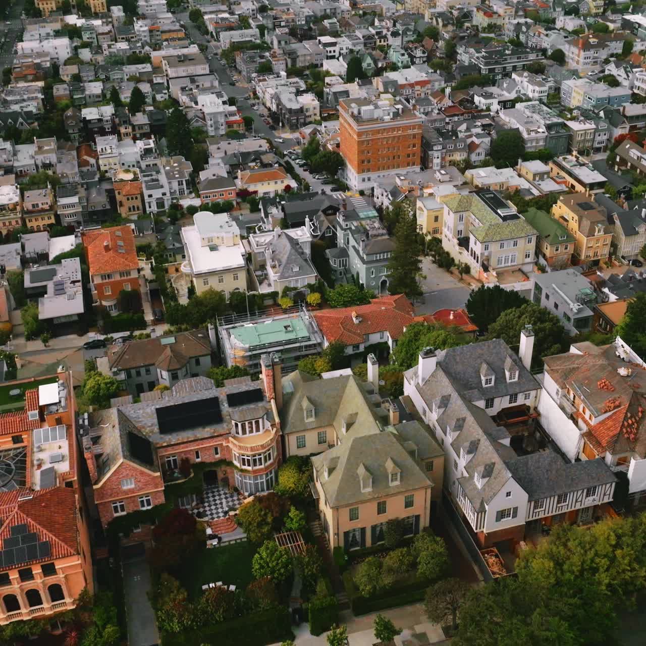 Rich exclusive mansions built closely to each other. View of beautiful San Francisco, California, USA from aerial perspective