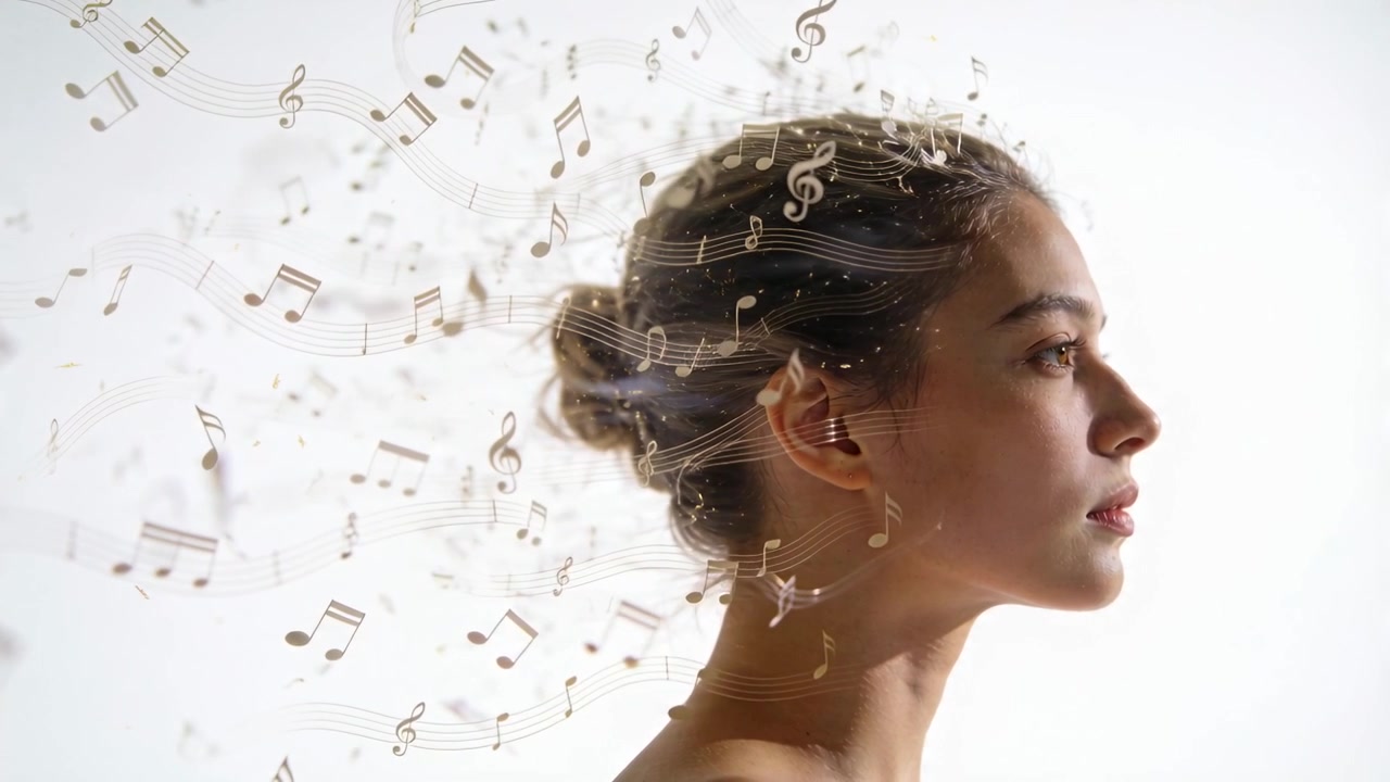 Note che appaiono dietro una donna di profilo a destra su sfondo bianco, suggerendo una melodia, con spazio per il testo.