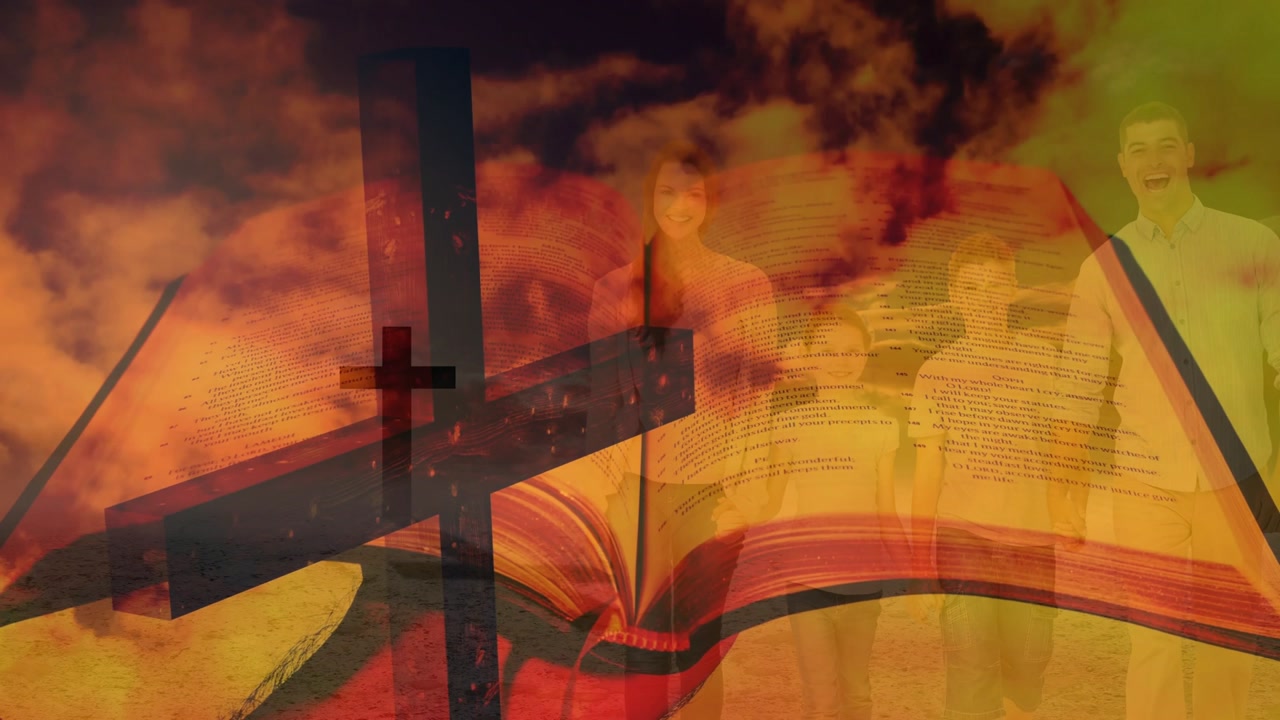 Frames driving family group fading in beside cross and open book against fiery clouds showing faith
