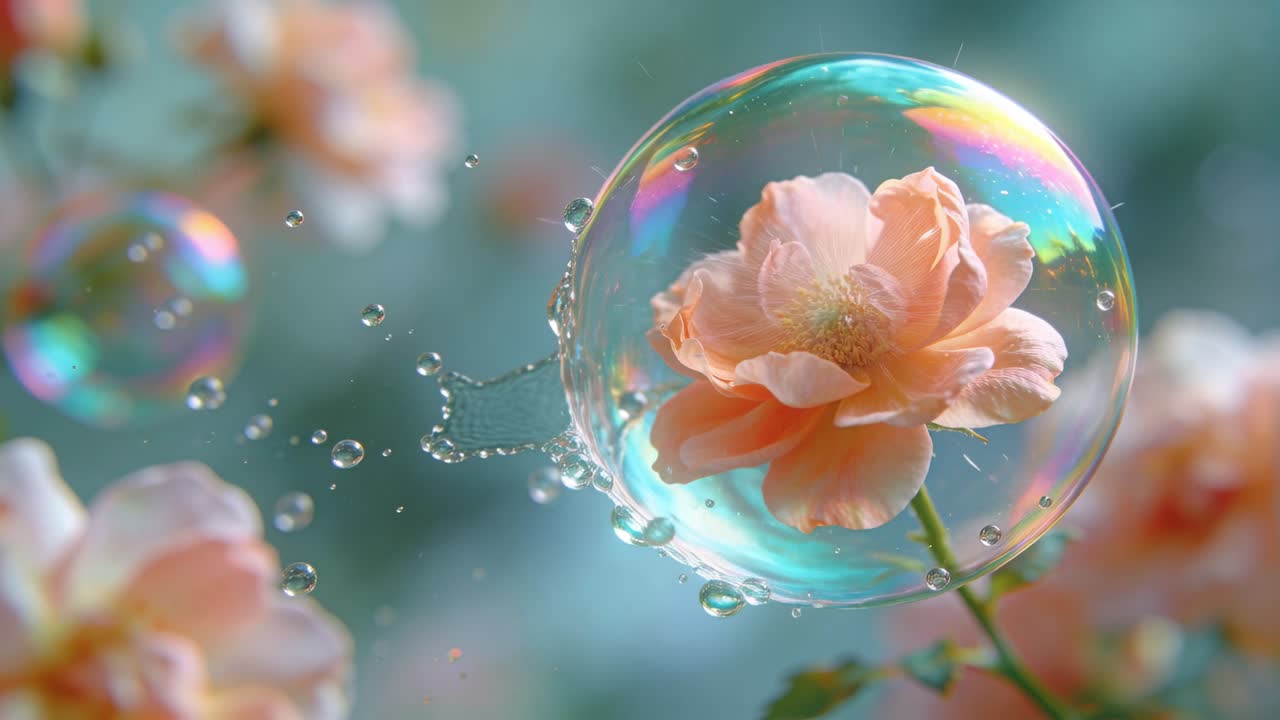 幻彩氣泡托著蜜桃玫瑰，水珠形成後撕裂薄膜，花瓣濕潤呈花卉狀。