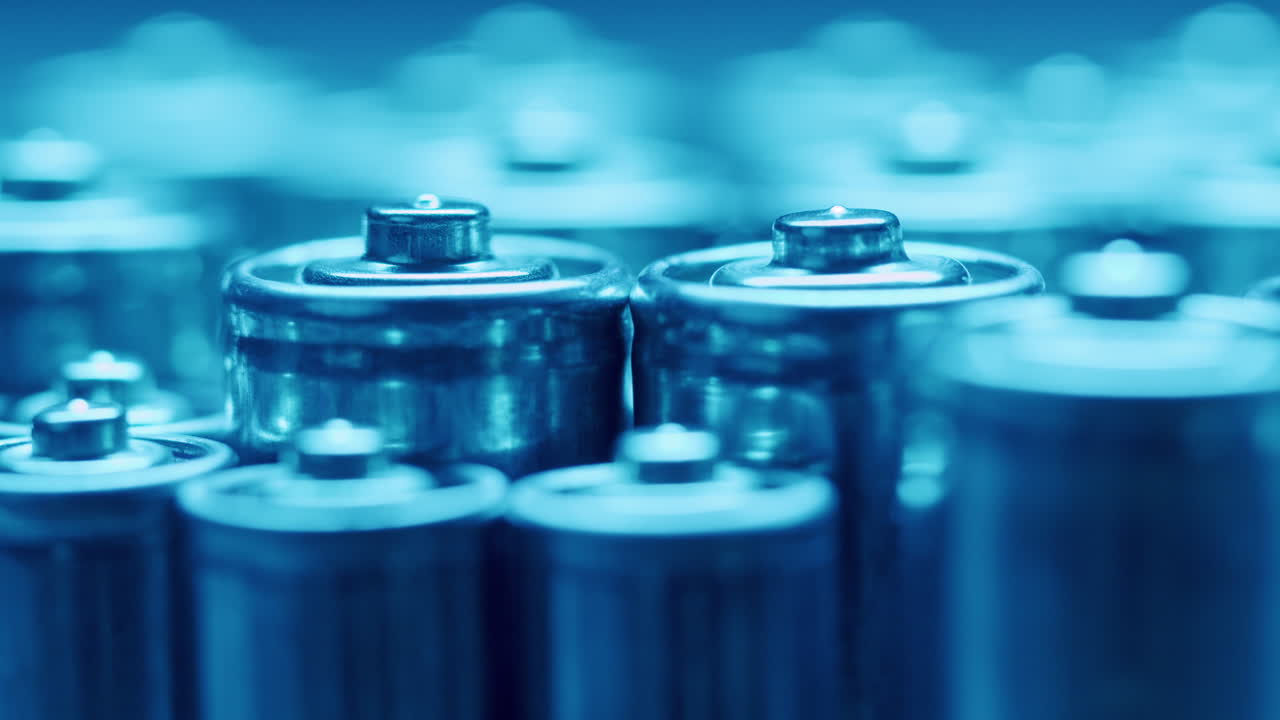 Silver batteries AA and AAA in neon light close-up. Double-A battery is a standard size single cell cylindrical dry battery. Batteries are common in portable electronic devices. An AA battery is composed of a single electrochemical cell that may be either a primary battery or a rechargeable battery.