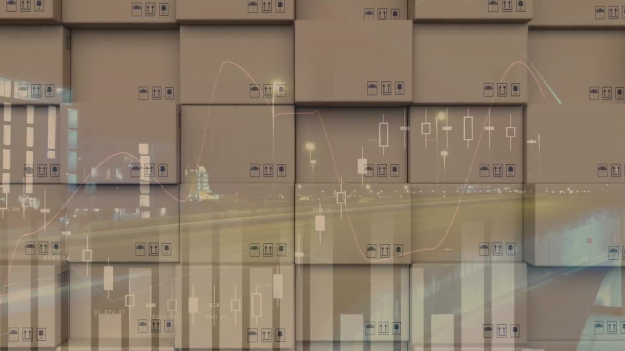 animación del procesamiento de datos financieros sobre una pila de cajas de cartón
