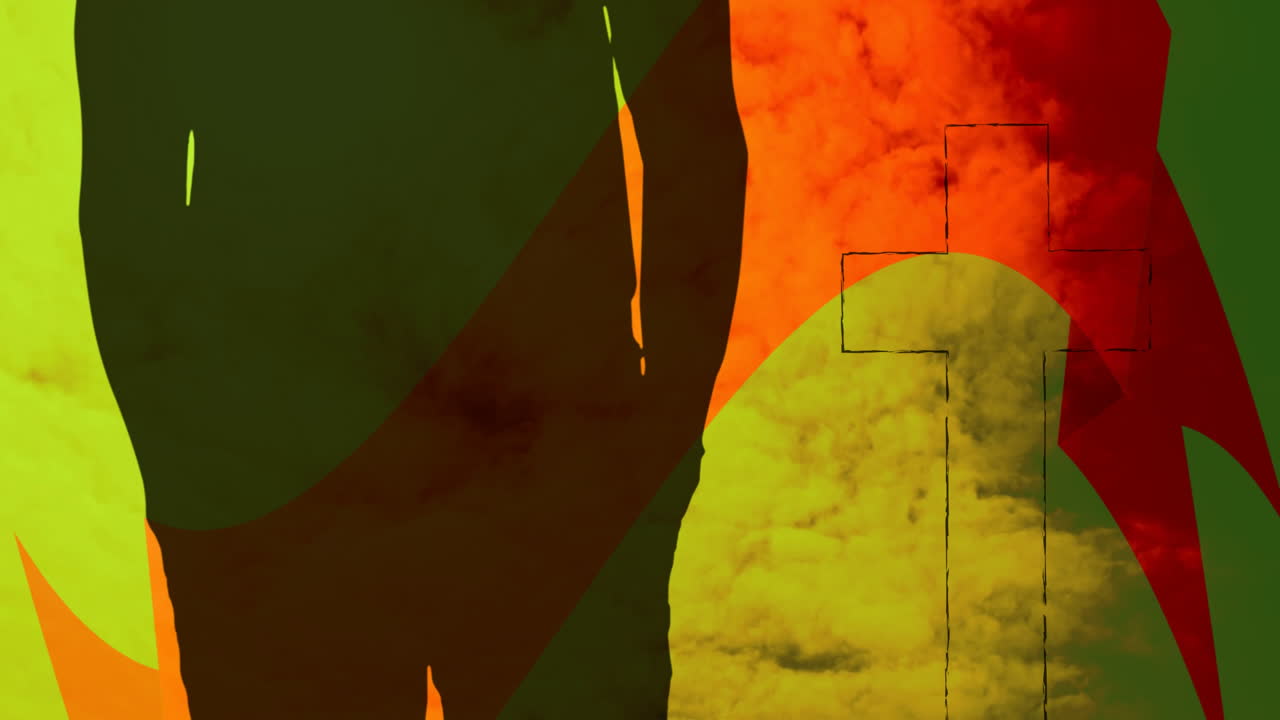Person beside cross at sunset, vibrant orange and green sky creating animation