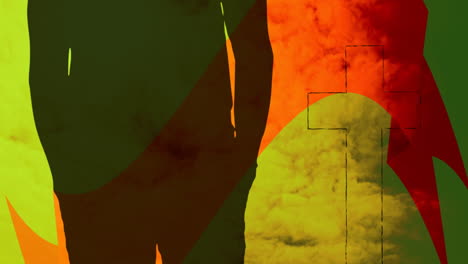 person beside cross at sunset, vibrant orange and green sky creating animation