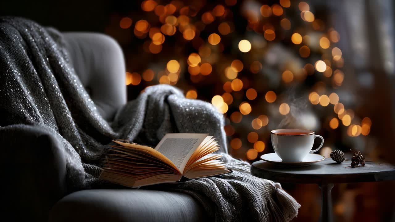 A Cozy Winter Retreat: An Inviting Armchair with a Warm Blanket, an Open Book, and a Steaming Cup Surrounded by Glimmering Holiday Lights, Creating a Perfect Atmosphere for Relaxation and Reflection