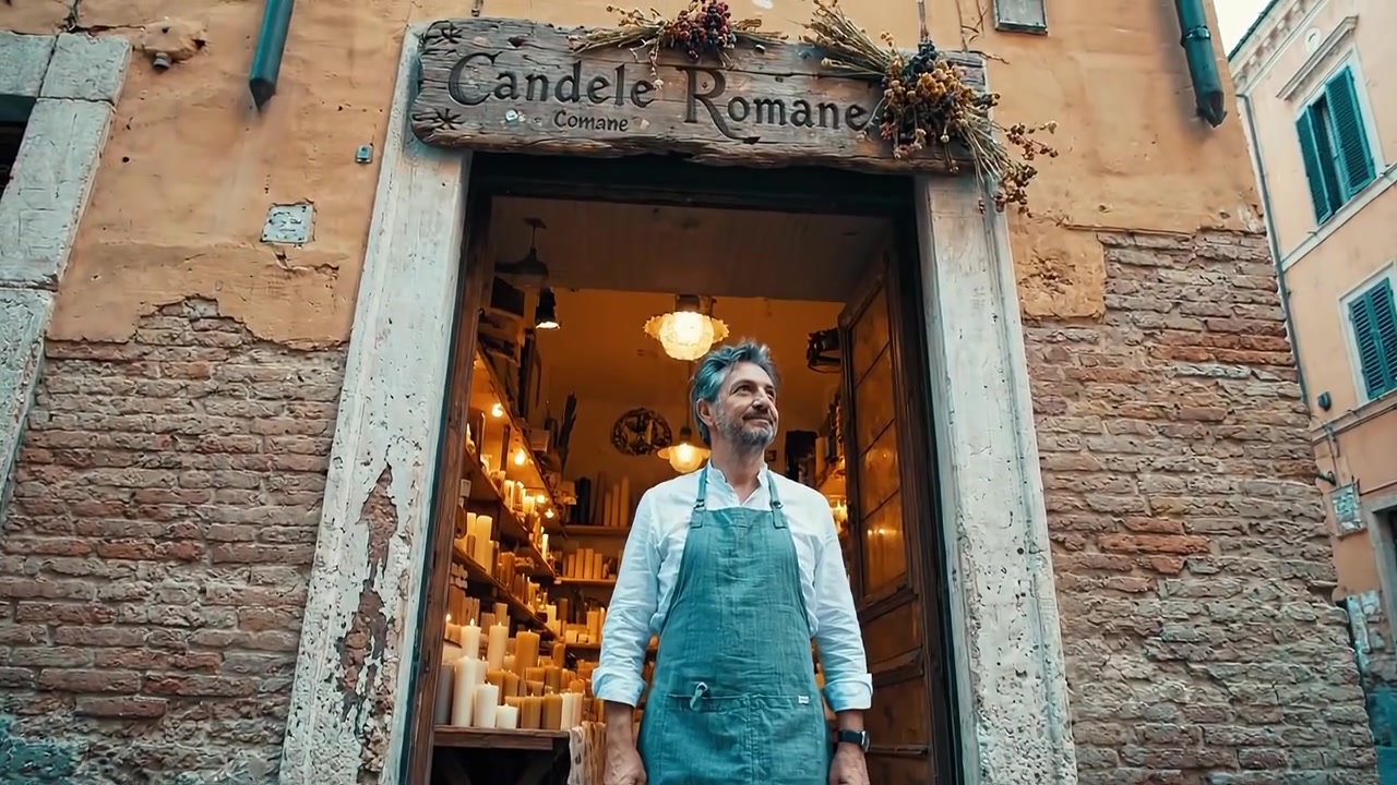 Bancarella artigianale all'ingresso: l'arte e il carisma di un artigiano di candele si rivelano mentre esce per accogliere i clienti in un ambiente affascinante e rustico.