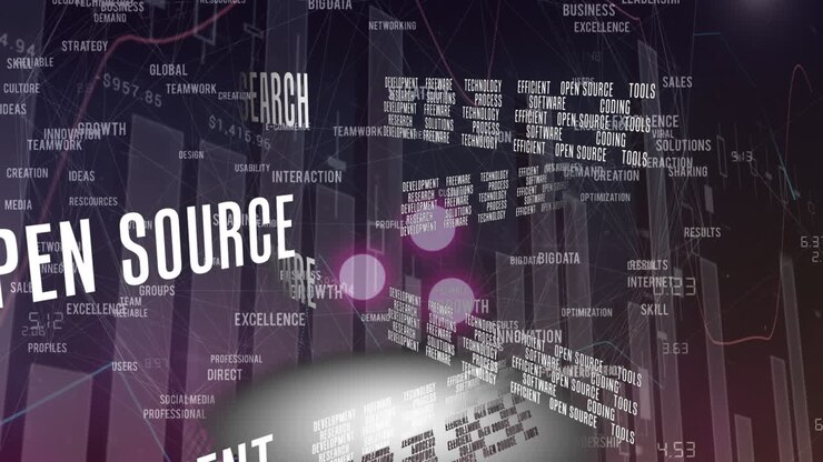 Animation of business and network texts over graph and black background