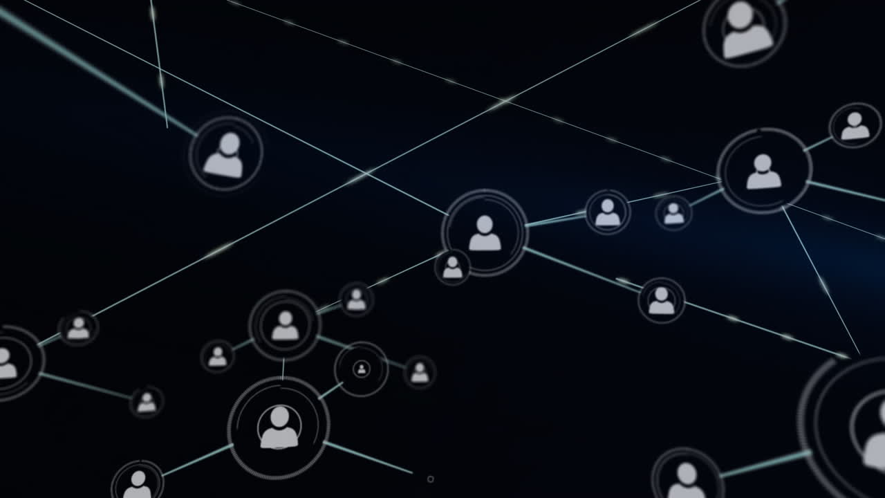 Animation of network of profile icons against blue light trails on black background