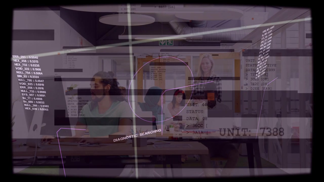 Front man typing, tech team, HUD fading in scanning reticle highlighting people for diagnostic